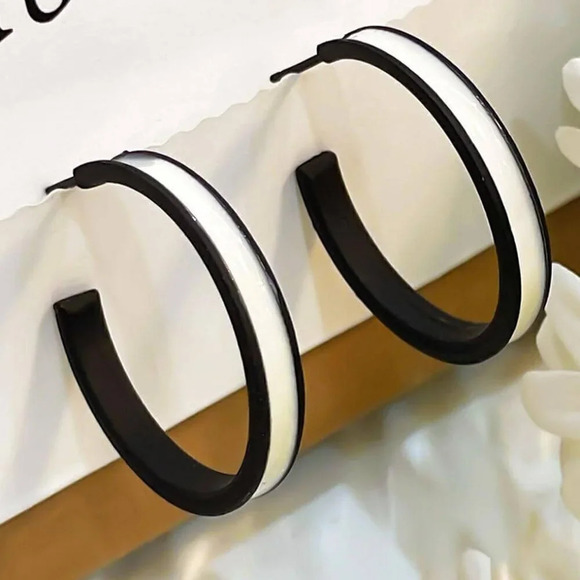 Black and White Womens Jewelry Minimalist Frosted Hoop Earrings - Picture 1 of 3